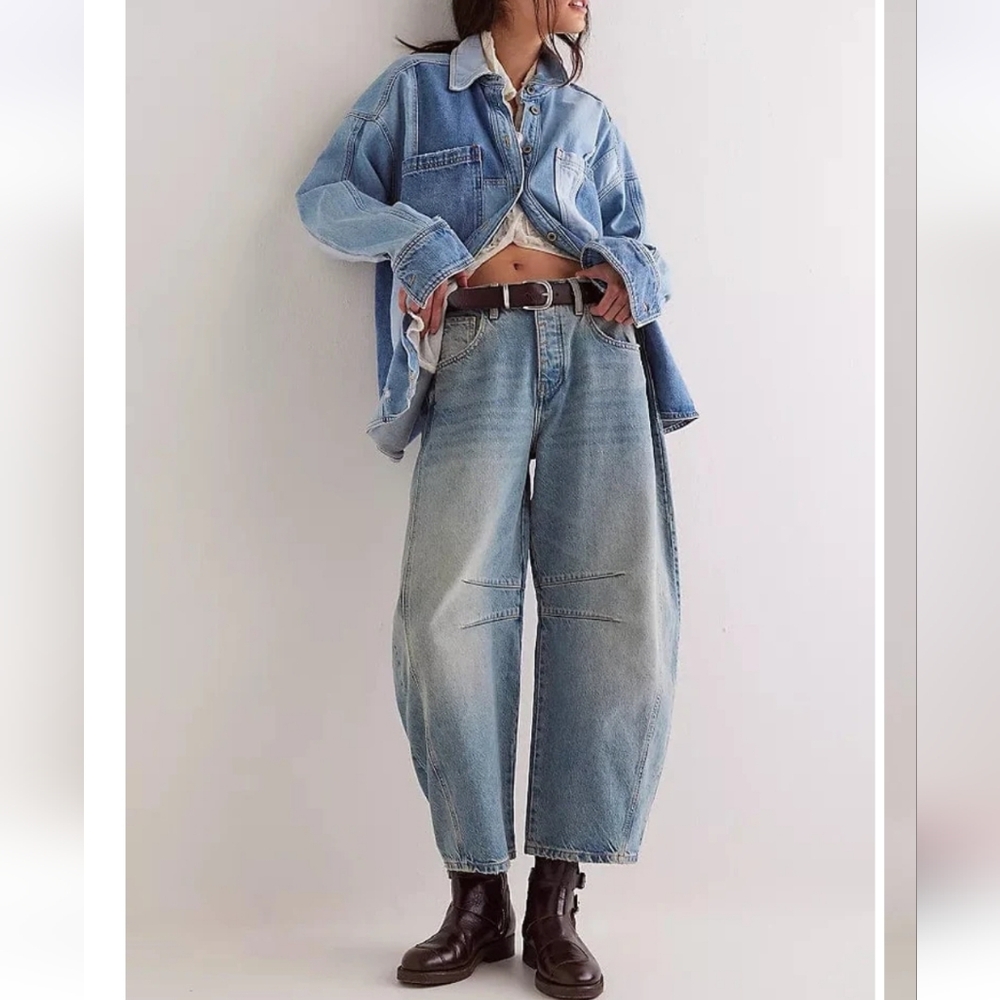 Free People Good Luck Barrel Jeans Mid Rise Distressed Relaxed Kismet  28 NWOT - Picture 15 of 15